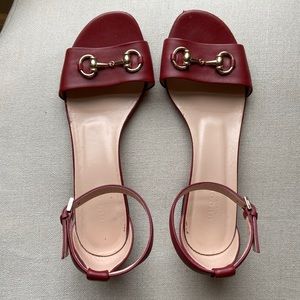Gucci ankle strap sandal in burgundy with gold horse bit, size 38.5